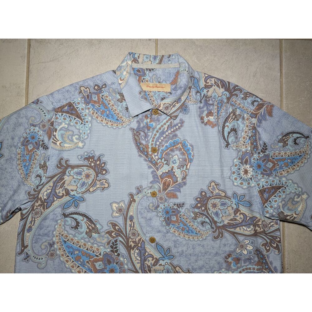 Tommy Bahama Men's Large Shirt Silk Short Sleeve Paisley Wooden Button Up - Picture 3 of 7